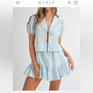Mable Quinby Lace Collar Blouse and Skirt Set Light Blue